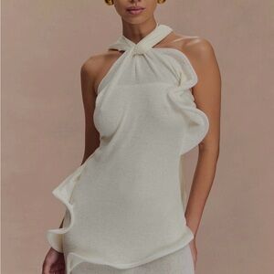 Meshki Cream Asymmetrical Ruffle Halter Dress